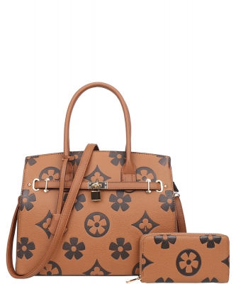 2 In1 Print Handle Satchel Bag with Wallet Set YB-6794-W BROWN